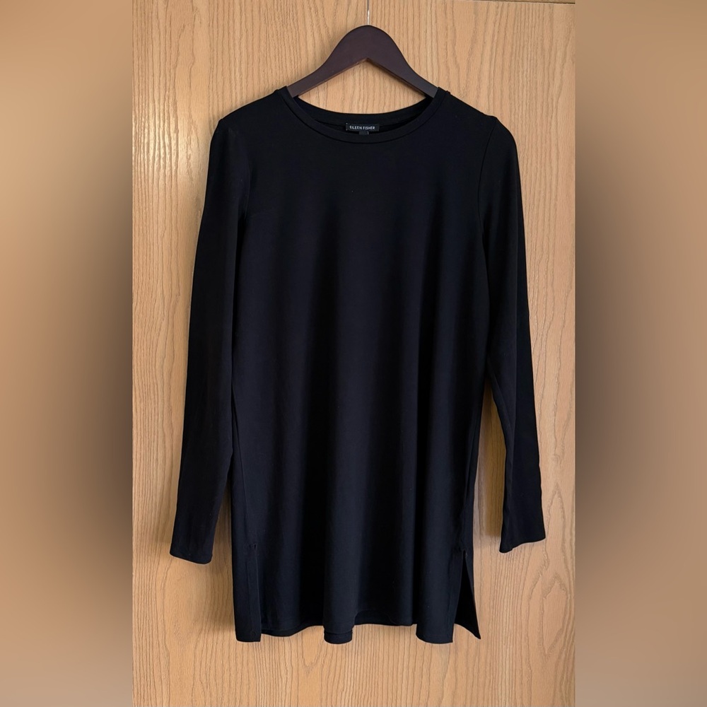 Eileen Fisher | SZ Small | Black Crew Neck Tunic Long Sleeve Blouse Knit Shirt